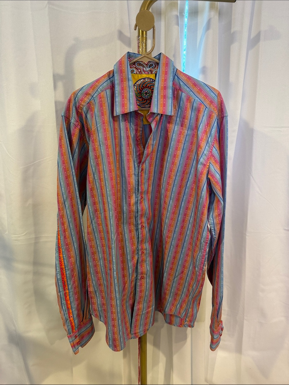 Robert Graham Long Sleeve Style Panama Orange MultI Flip Cuffs Shirt LARGE TALL